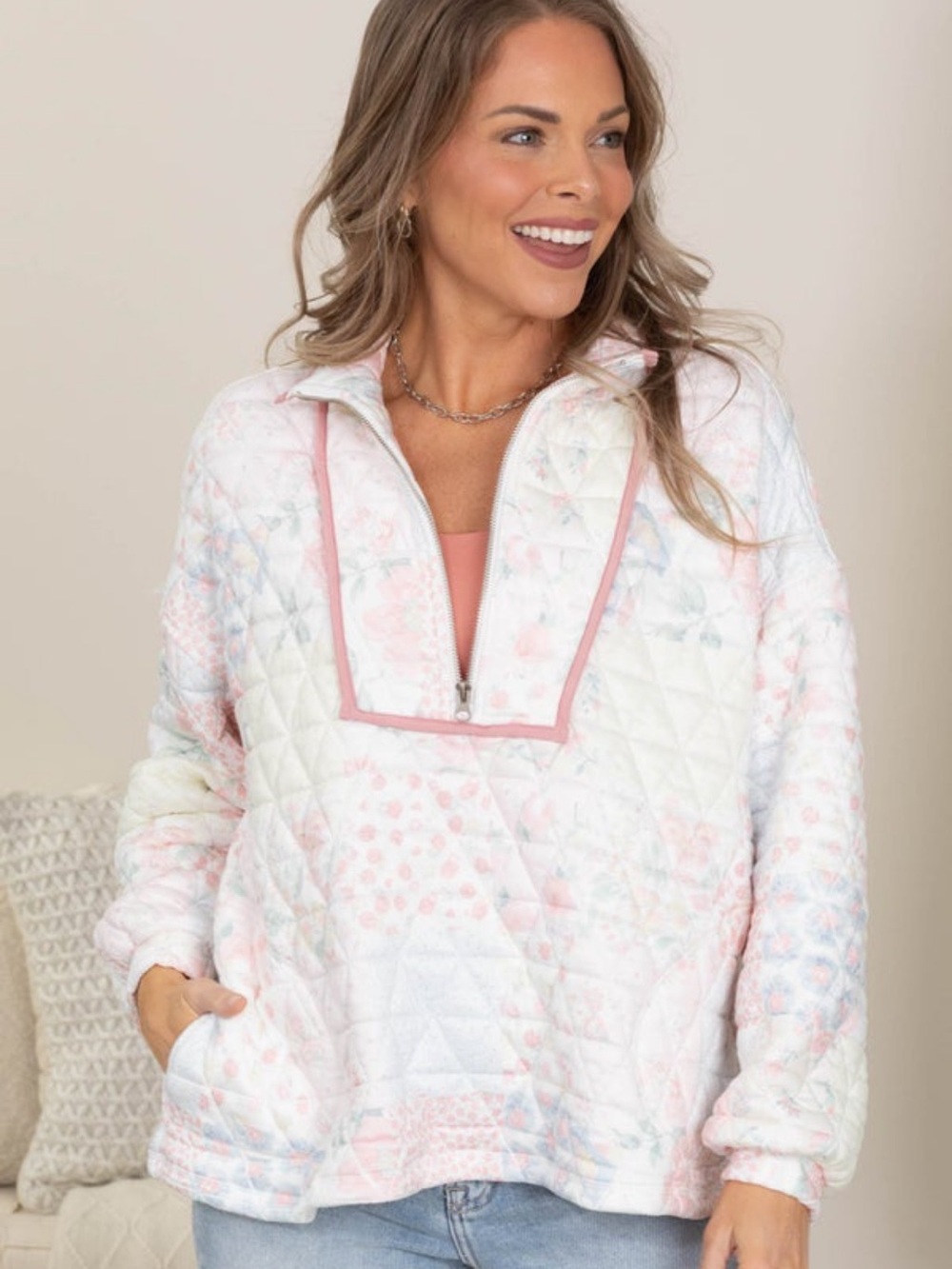 Quarter-Zip Quilted Pullover Hoodie - Light Pink Floral